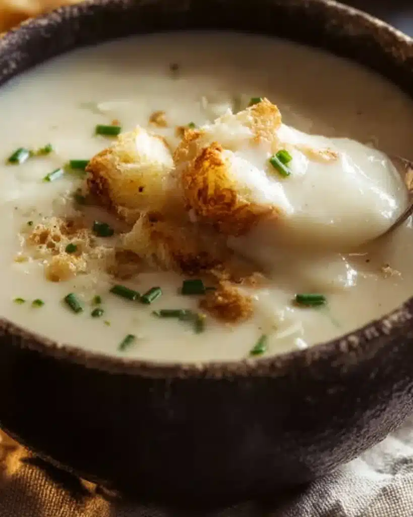 Leek and Potato Soup 4 Creamy leek and potato soup topped with croutons and chives in rustic bowl