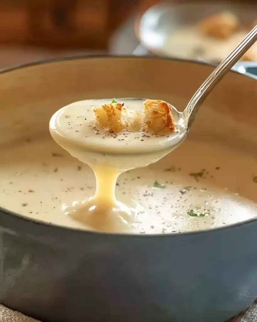 Leek and Potato Soup 3 Ladle lifting creamy leek and potato soup from pot with croutons
