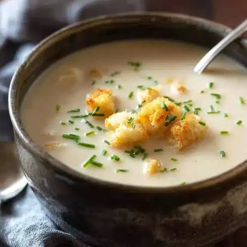 Leek and Potato Soup 5 Creamy leek and potato soup with croutons and chives in a rustic bowl