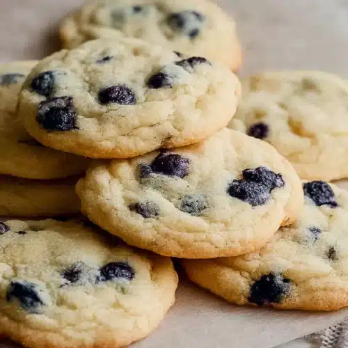Soft lemon blueberry cookies with golden edges and juicy blueberries on parchment paper