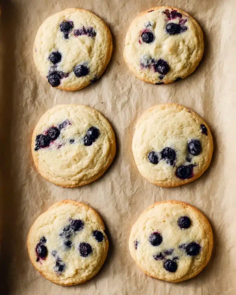 Freshly baked lemon blueberry cookies on parchment paper