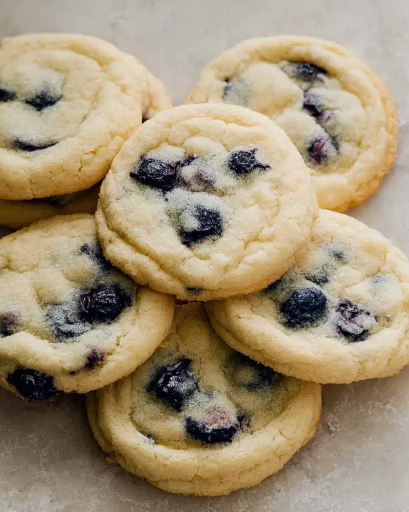 Soft lemon blueberry cookies with golden edges and juicy blueberries