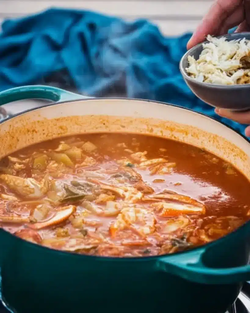 Maryland Crab Soup 5 Adding fresh lump crab meat to simmering Maryland Crab Soup in a Dutch oven