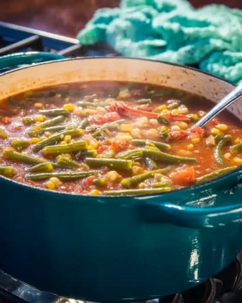 Maryland Crab Soup 4 Simmering broth with green beans and vegetables for Maryland Crab Soup