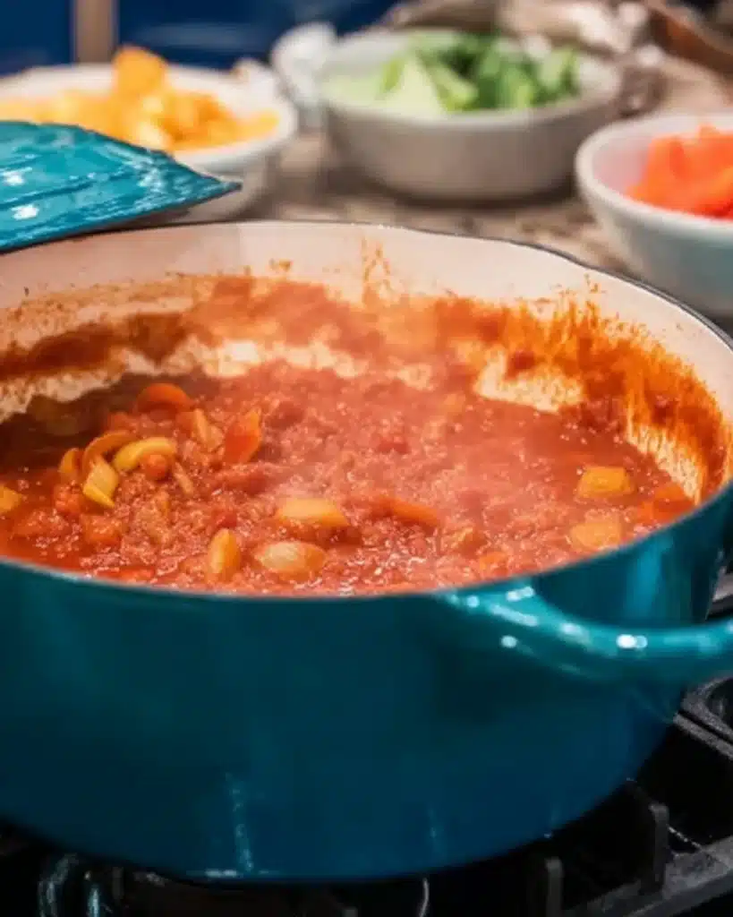 Maryland Crab Soup 3 Tomatoes and vegetables simmering in a Dutch oven for Maryland Crab Soup