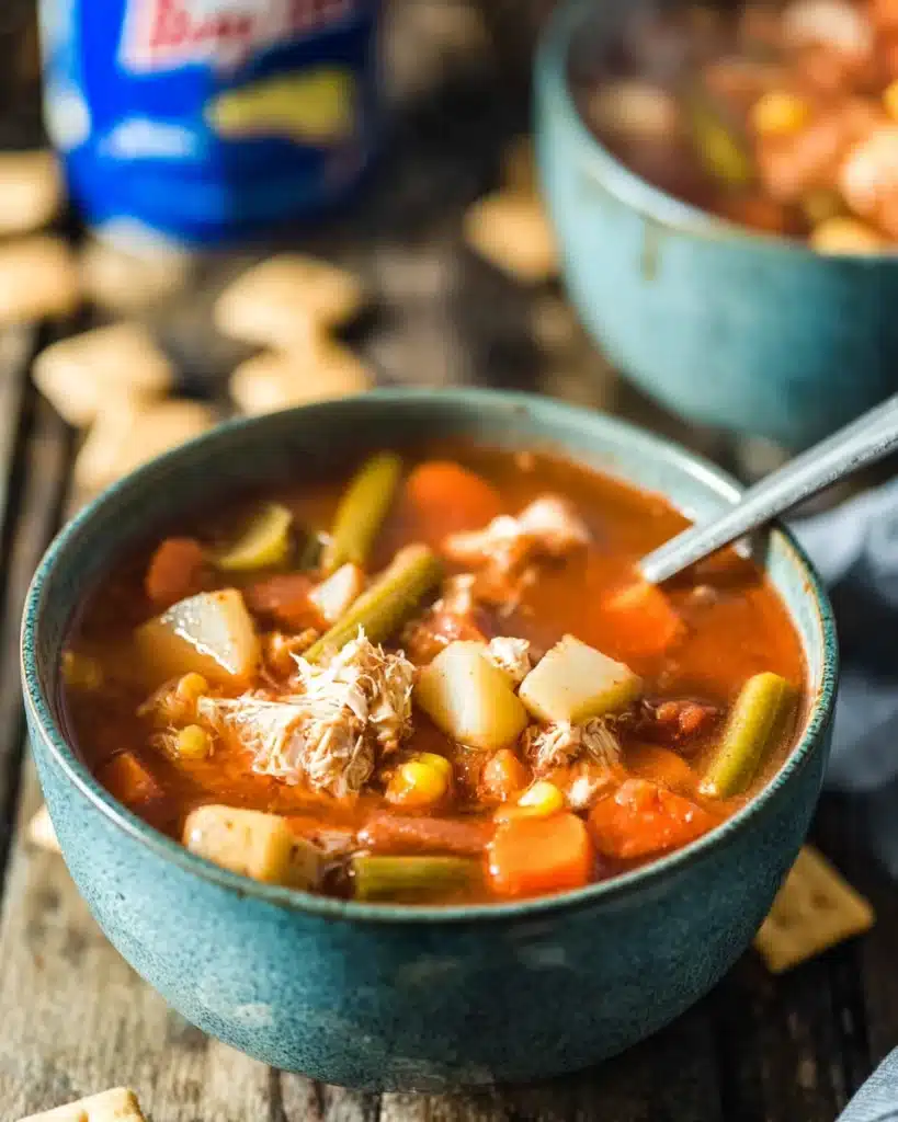 Maryland Crab Soup 1 Hearty Maryland crab soup with vegetables in a blue bowl on a rustic wooden table