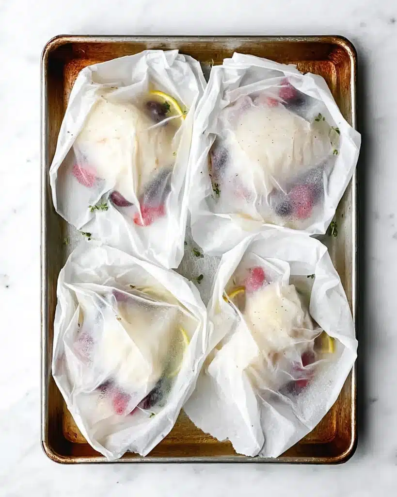 Parchment packets of Mediterranean cod en papillote on baking sheet ready to bake