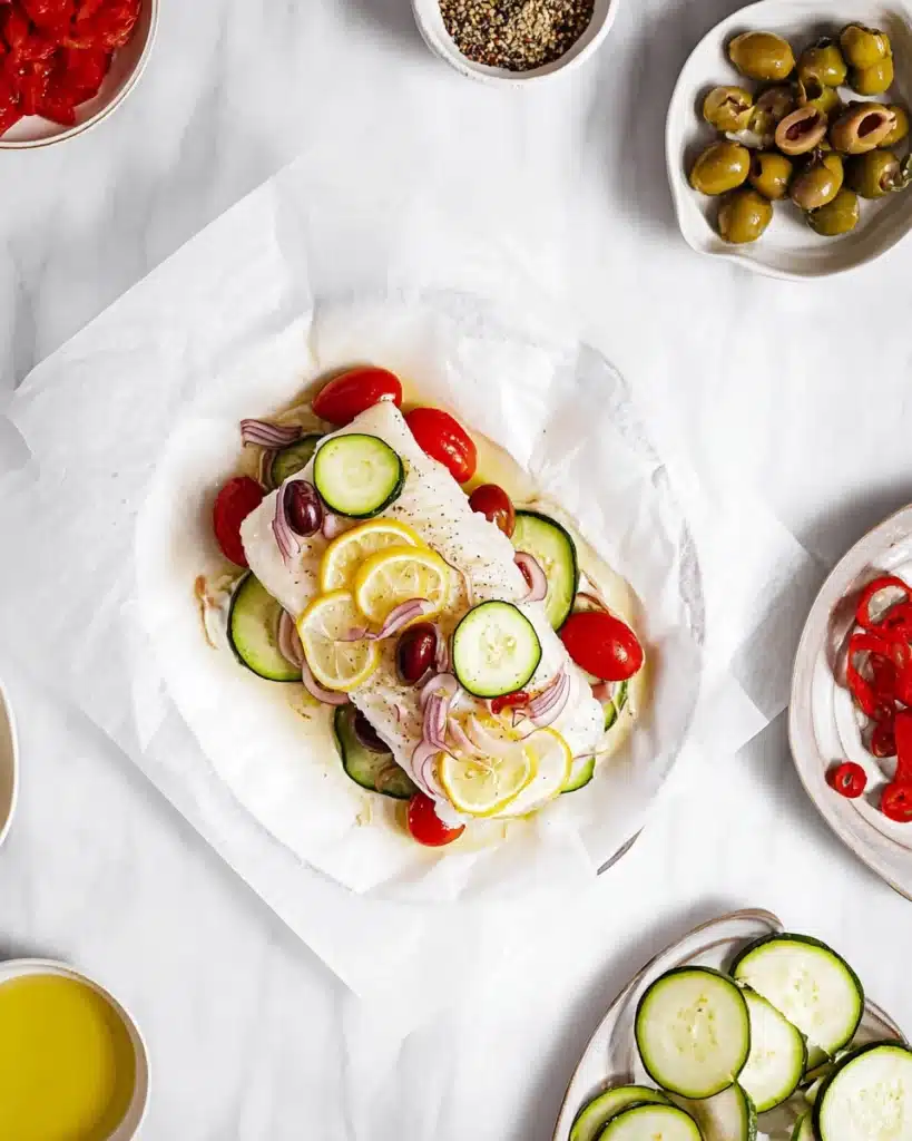 Mediterranean cod en papillote with lemon, olives, tomatoes, and zucchini on parchment