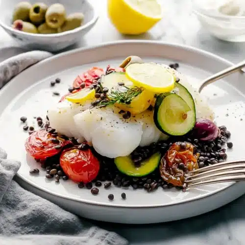 Mediterranean cod en papillote with lemon, olives, and tomatoes over black lentils