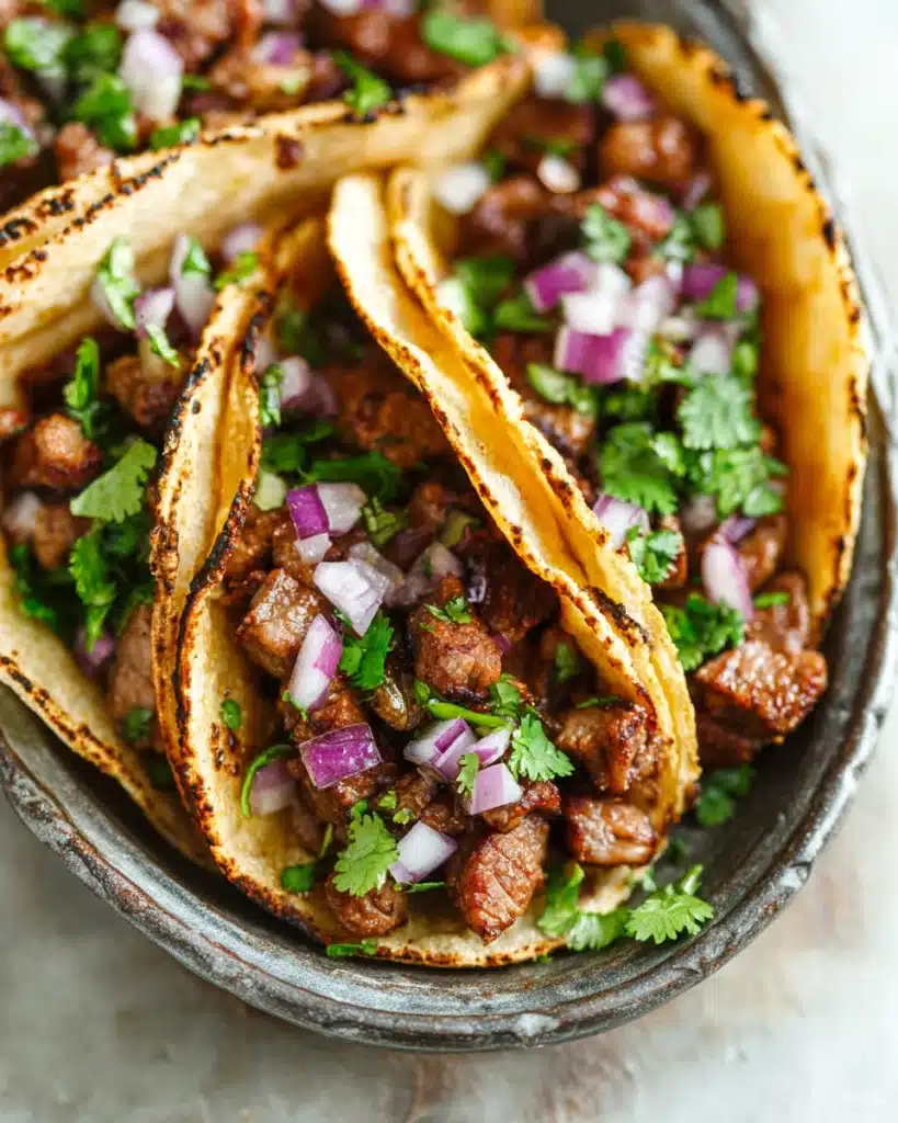 Close-up of Mexican Street Tacos with steak, cilantro, and onions