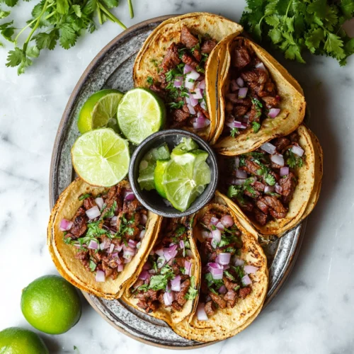 Authentic Mexican street tacos with steak, cilantro, onion, and lime wedges on a rustic plate