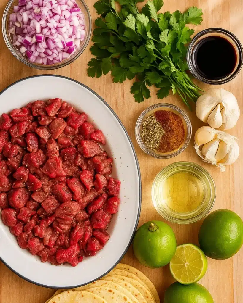 Fresh ingredients for Mexican Street Tacos with steak, lime, cilantro, and spices
