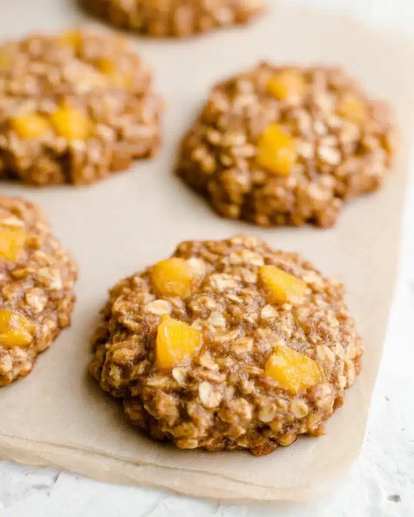 Soft peach oatmeal breakfast cookies with juicy peach chunks on parchment paper