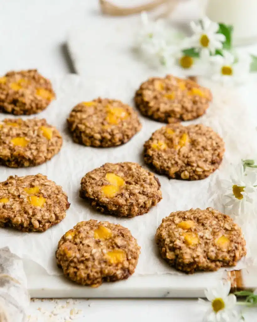 Peach oatmeal breakfast cookies arranged on parchment paper with golden oats and juicy peach chunks