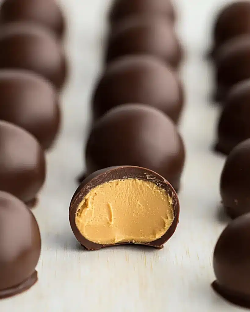 Finished chocolate peanut butter balls with one cut open