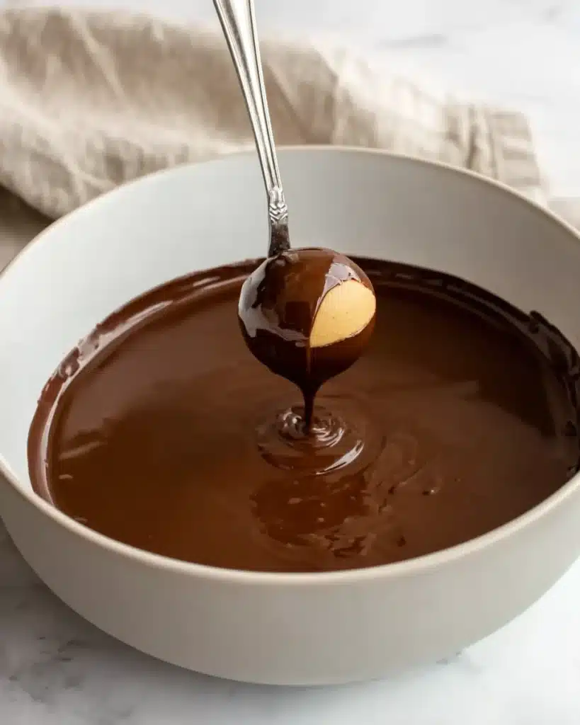 Dipping peanut butter ball into melted chocolate