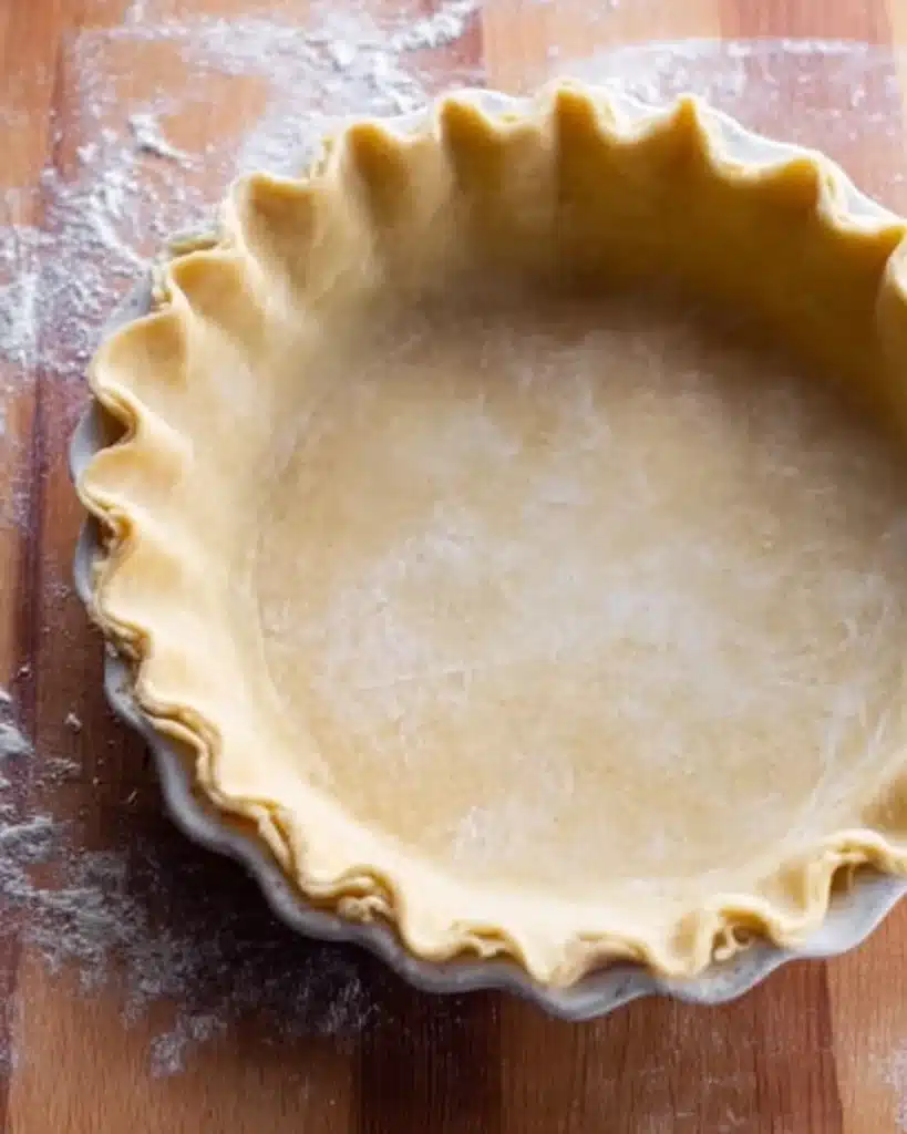 Unbaked pie crust with fluted edges in a ceramic dish on a wooden surface