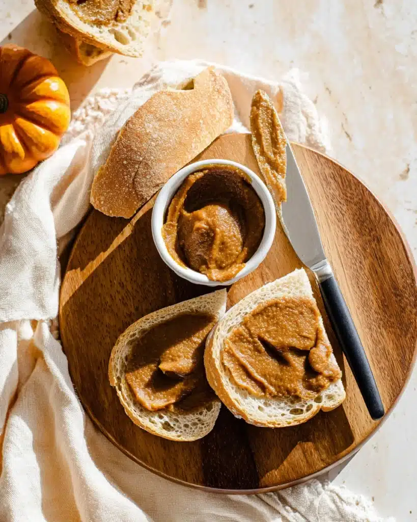 Quick and Easy Pumpkin Butter 1 Rustic bread with creamy pumpkin butter on wooden board, cozy fall breakfast