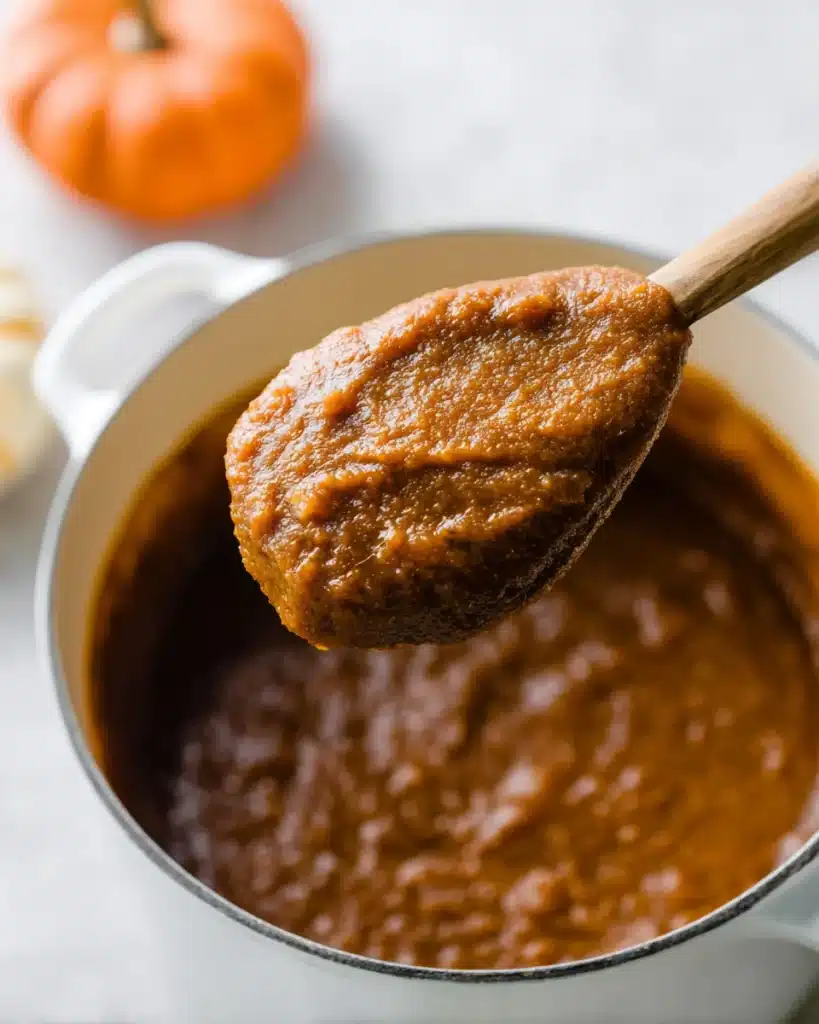 Quick and Easy Pumpkin Butter 5 Thick homemade quick and easy pumpkin butter on wooden spoon