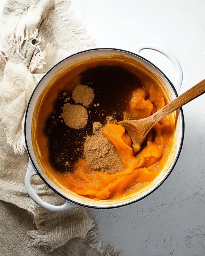 Quick and Easy Pumpkin Butter 3 Homemade quick and easy pumpkin butter simmering on stovetop