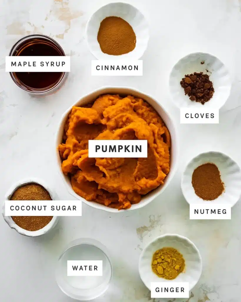 Quick and Easy Pumpkin Butter 2 Pumpkin butter ingredients arranged in labeled bowls on light surface