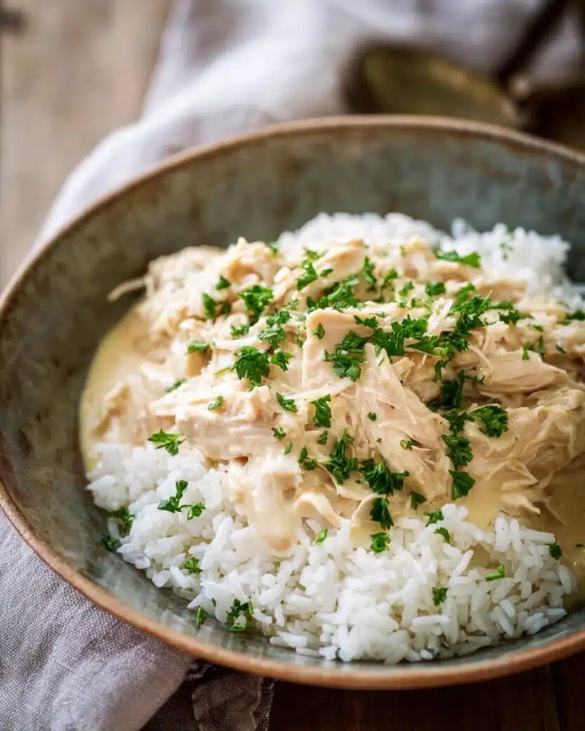 Easy 4-Ingredient Ranch Chicken Crock Pot Recipe 4 Creamy shredded ranch chicken served over white rice in a rustic bowl