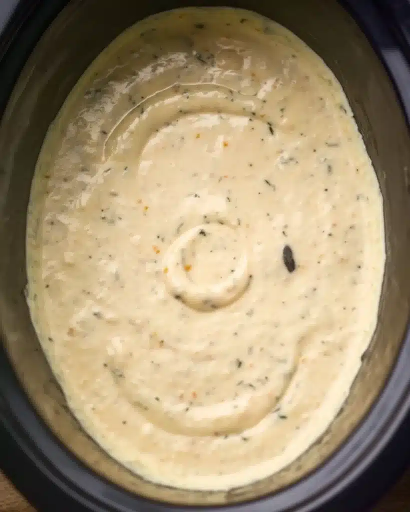 Easy 4-Ingredient Ranch Chicken Crock Pot Recipe 2 Creamy ranch sauce mixture in a slow cooker before adding chicken