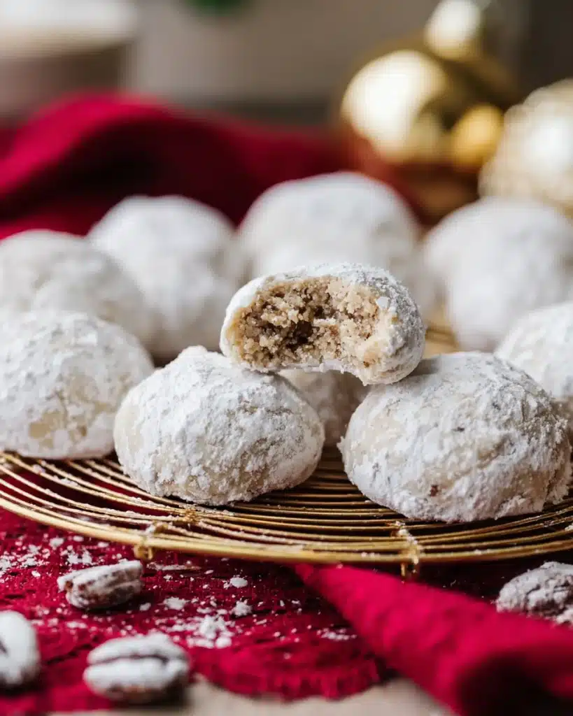 Powdered sugar-coated Russian Tea Cakes with a bite showing nutty center
