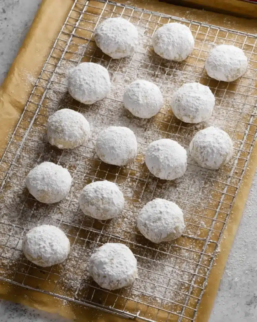 Freshly baked Russian Tea Cakes coated in powdered sugar on cooling rack