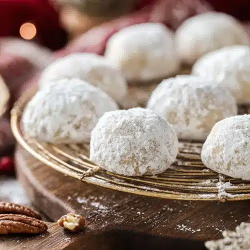 Snowball cookies coated in powdered sugar on a cooling rack with rustic wooden background