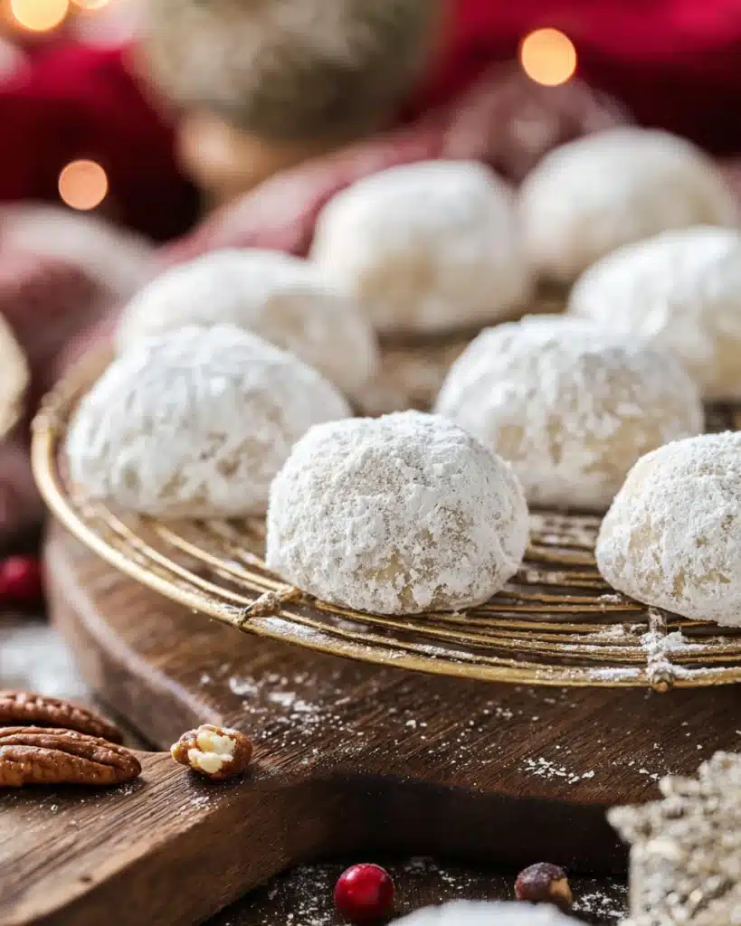 Snowball cookies coated in powdered sugar on a cooling rack with rustic wooden background