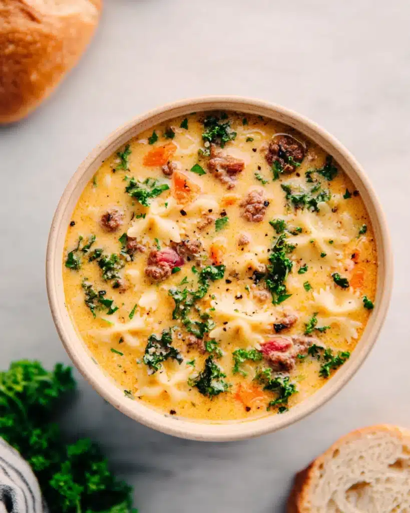 Sausage Pasta Soup (Creamy and Hearty One-Pot Meal) 1 Creamy sausage pasta soup with kale, carrots, and bowtie pasta in a beige bowl
