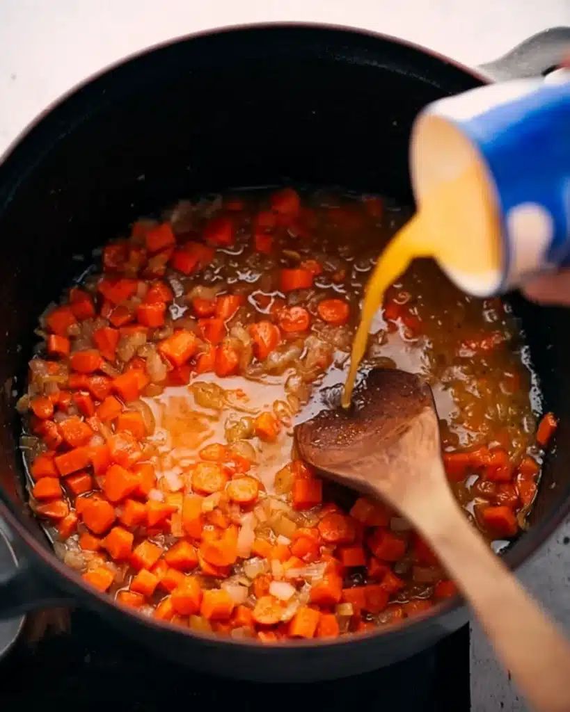 Sausage Pasta Soup (Creamy and Hearty One-Pot Meal) 4 Pouring broth into sautéed carrots and onions in pot