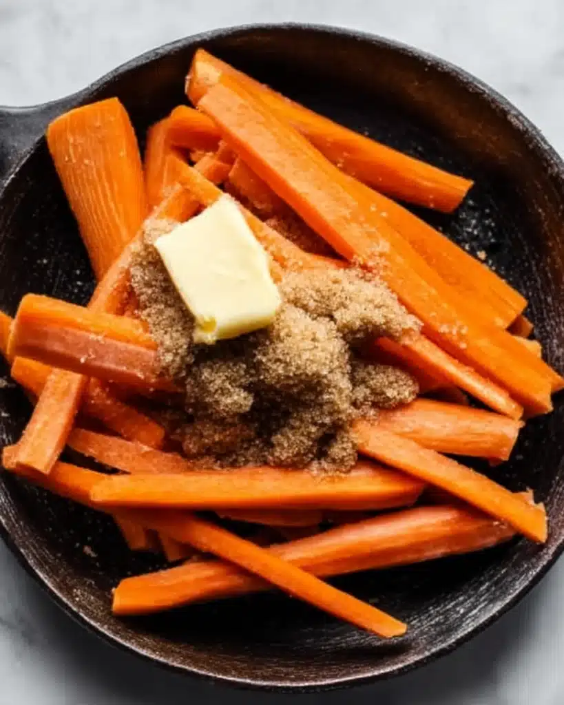 Simple Glazed Carrots 3 Carrot sticks in a skillet topped with brown sugar and butter before cooking.