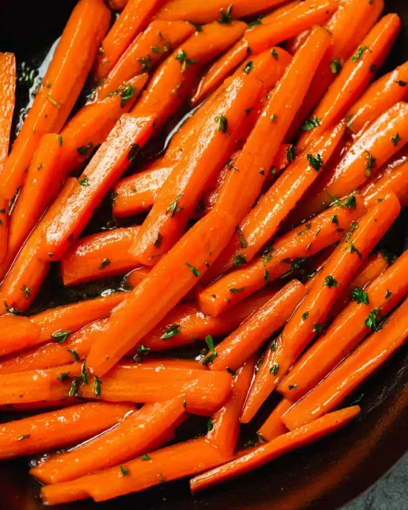 Simple Glazed Carrots 4 Glazed carrot sticks in a dark pan with herbs, showing bright orange color and glossy finish.