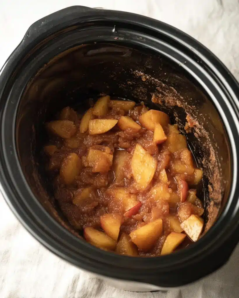 Softened apples simmering in a slow cooker for homemade apple butter
