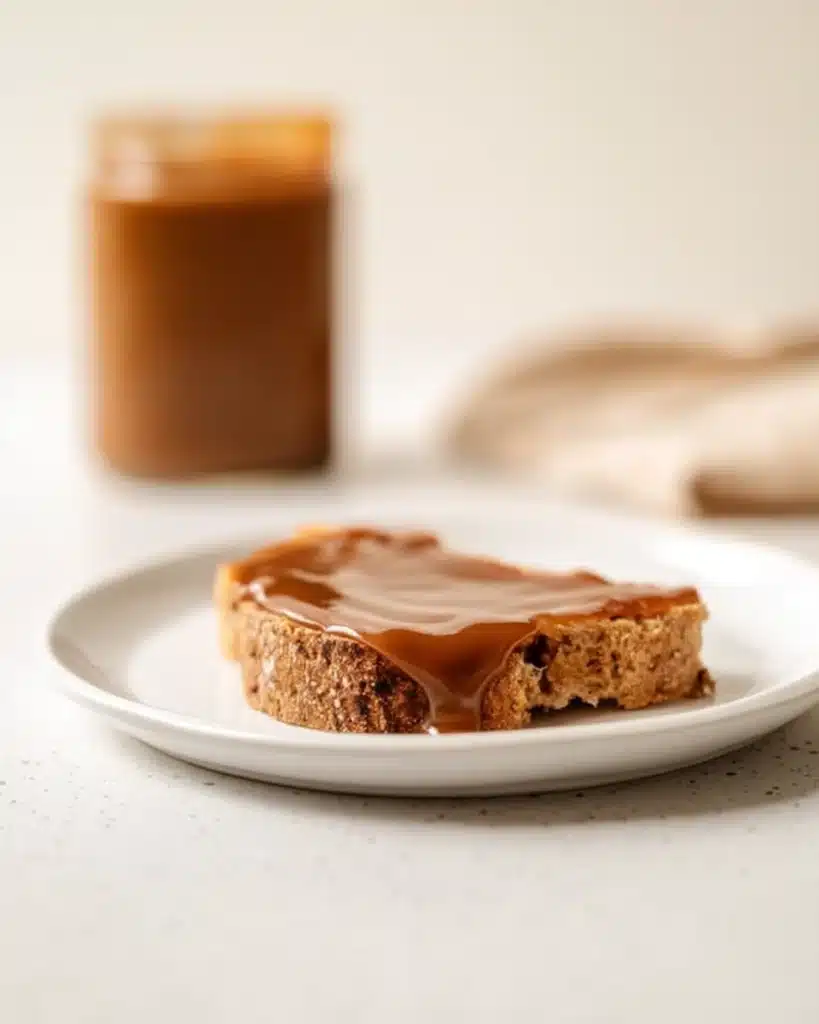 Slice of bread topped with homemade slow cooker apple butter