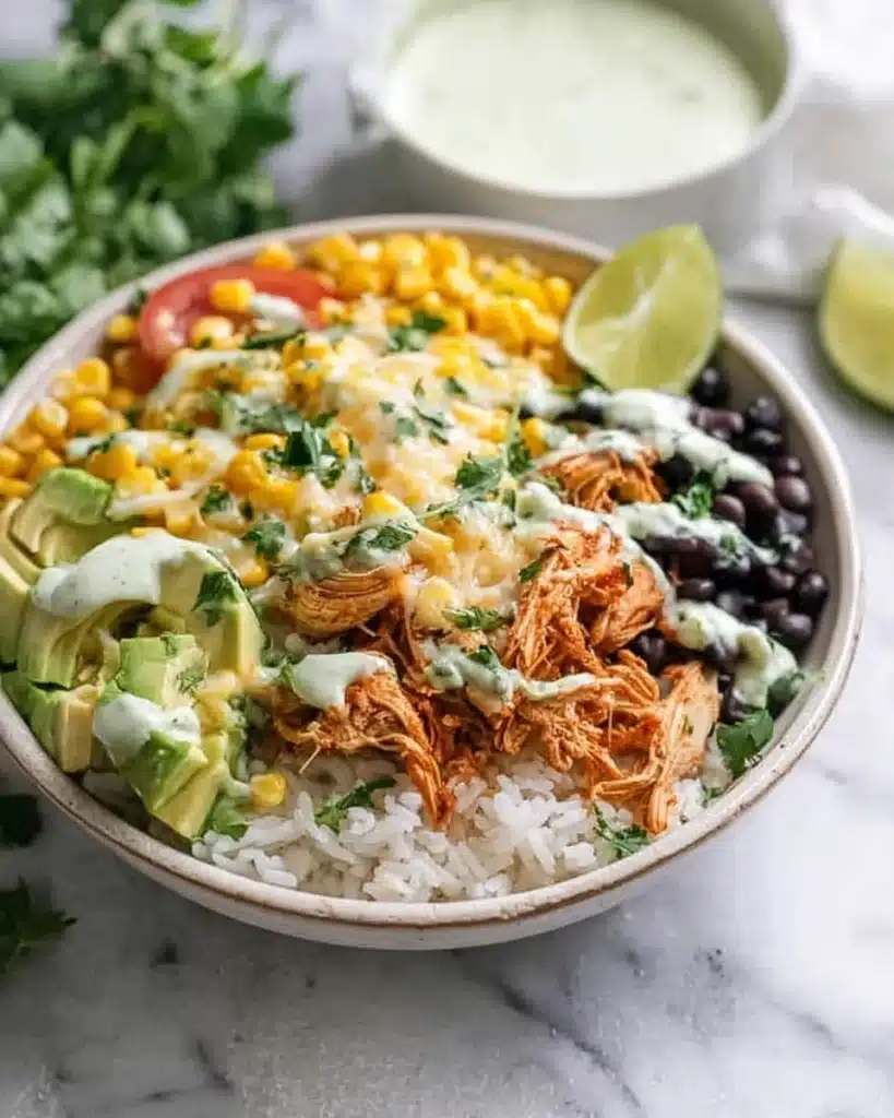 Slow cooker chicken burrito bowl with rice, avocado, corn, beans, and lime