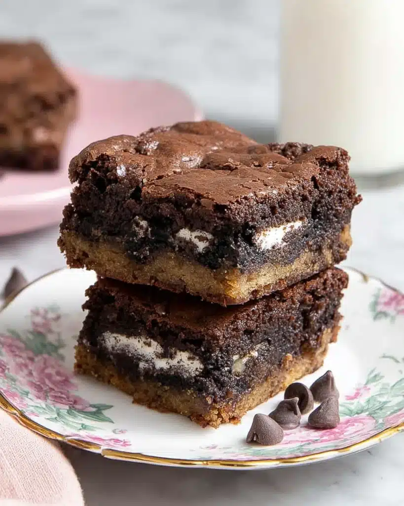 Stacked Slutty Brownies with Oreo center on a floral dessert plate