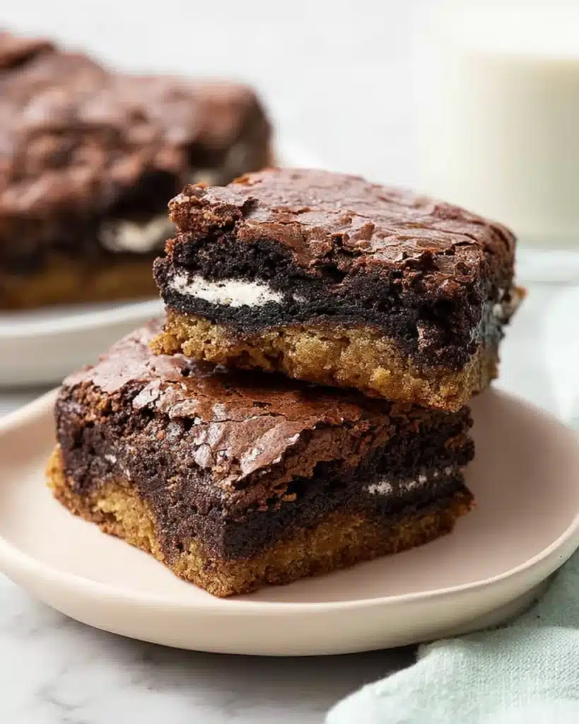 Stacked Slutty Brownies with cookie dough, Oreo layer, and fudgy brownie on a plate