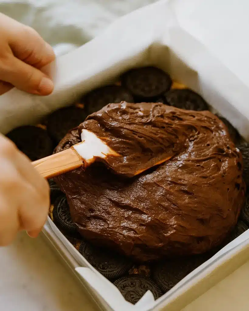 Spreading brownie batter over Oreo cookies in a parchment-lined baking pan