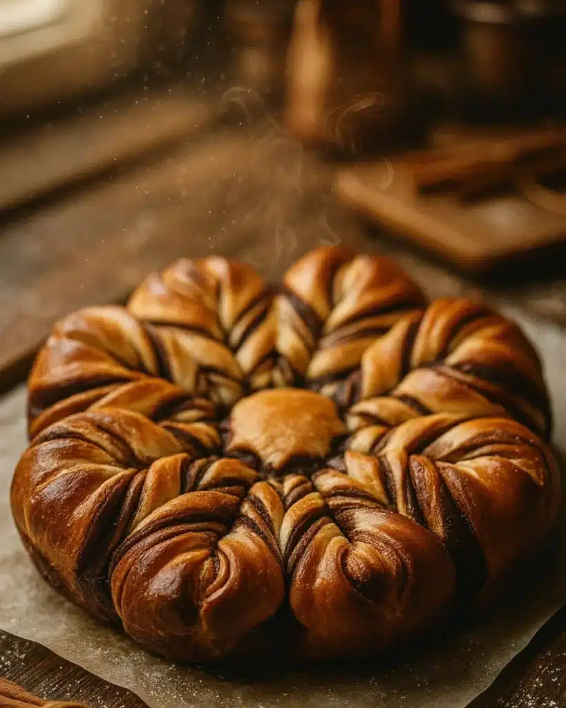 Sourdough Discard Star Bread – A Festive Christmas Showstopper 1 Golden sourdough discard star bread with chocolate swirls on parchment paper
