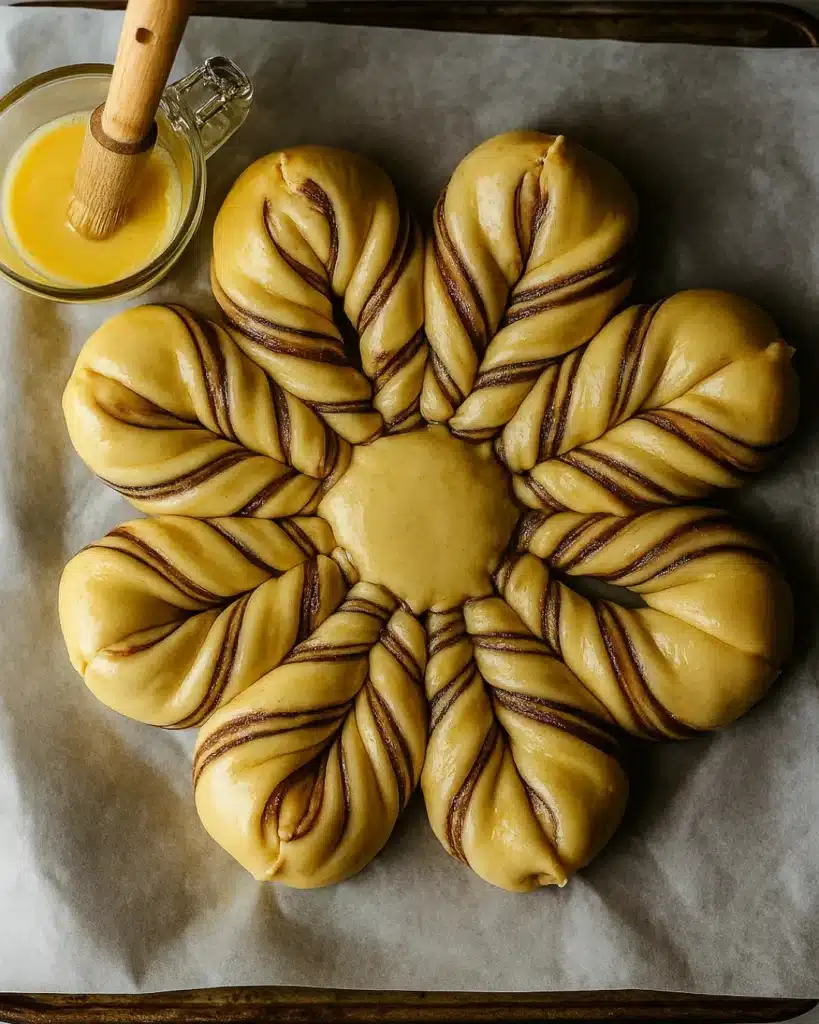 Sourdough Discard Star Bread – A Festive Christmas Showstopper 7 Unbaked sourdough discard star bread with egg wash and pastry brush