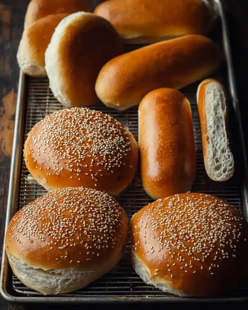 Sourdough Hamburger or Hot Dog Bunson cooling rack with sesame seeds