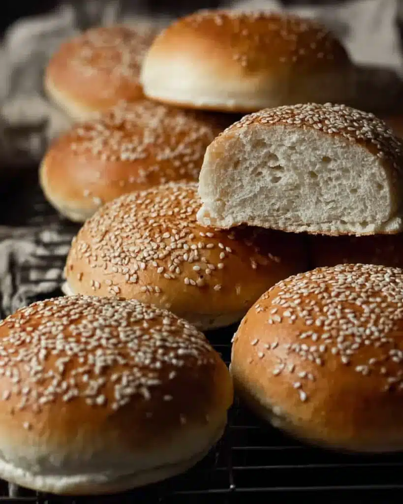 Golden sourdough hamburger buns topped with sesame seeds on baking tray