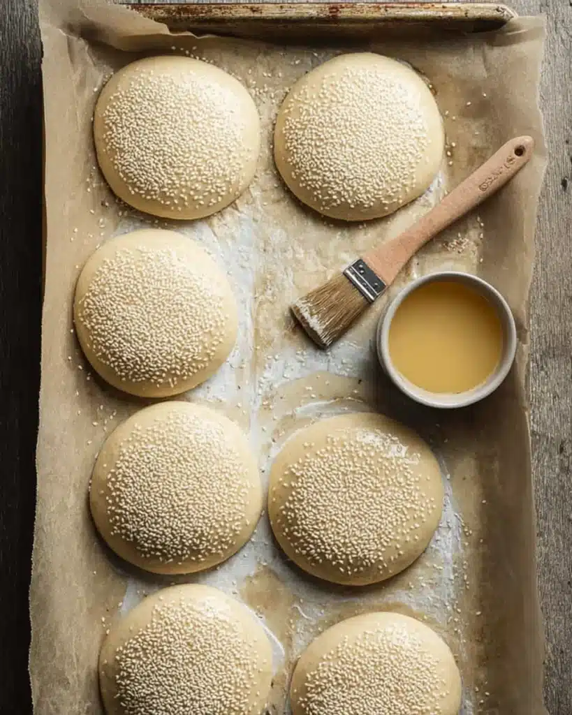 Sourdough hamburger buns topped with sesame seeds before baking