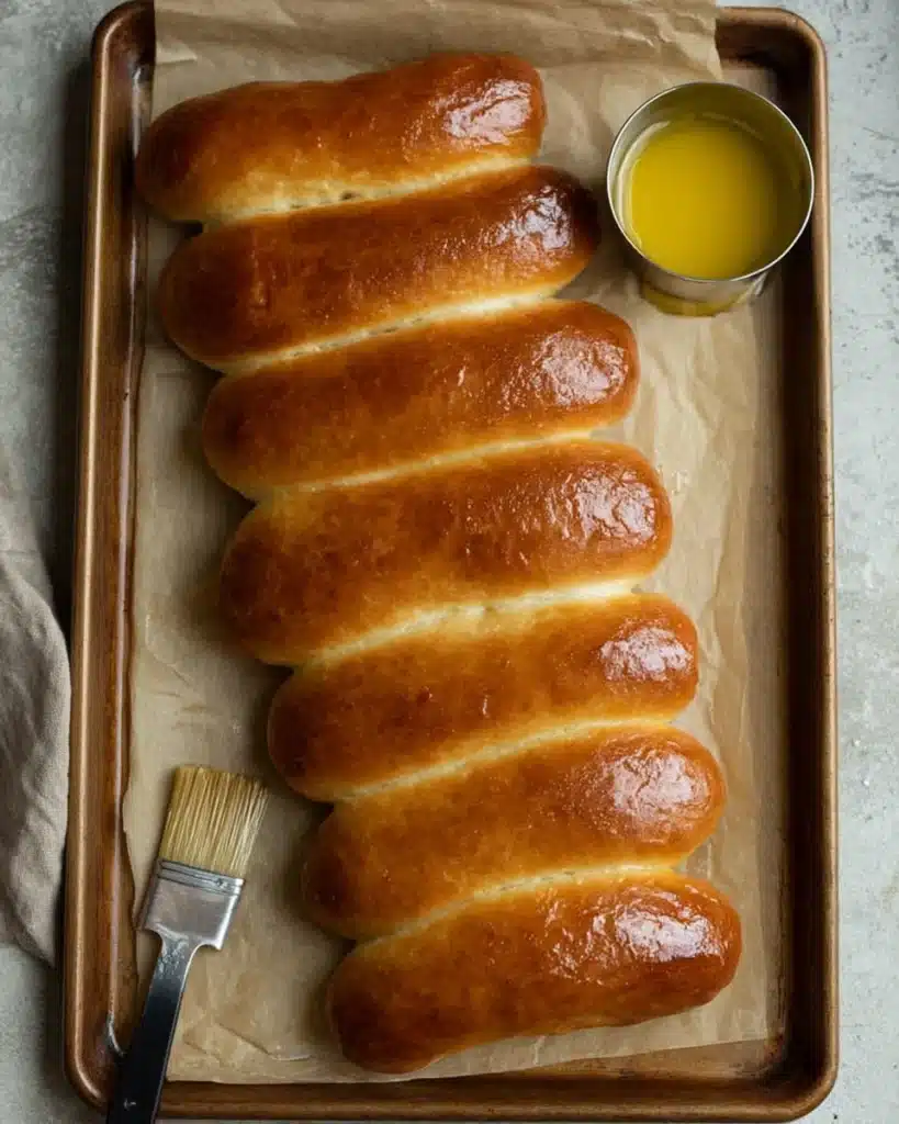 Golden sourdough hot dog buns brushed with butter on baking tray