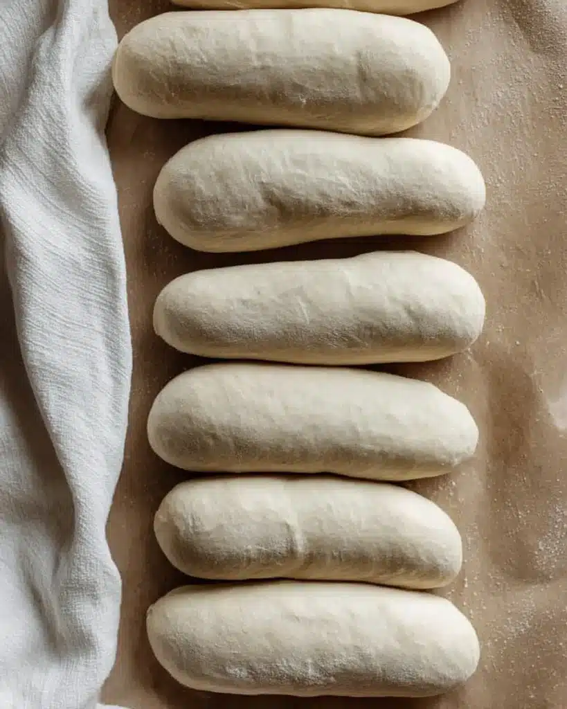 Proofed sourdough hot dog buns ready to bake on parchment sheet