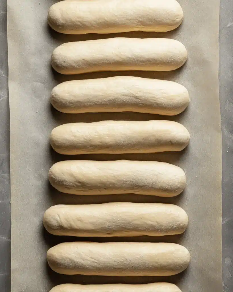 Unbaked sourdough hot dog buns on parchment-lined baking sheet