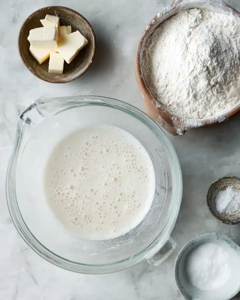 Sourdough bun dough ingredients in mixing bowl with flour and butter